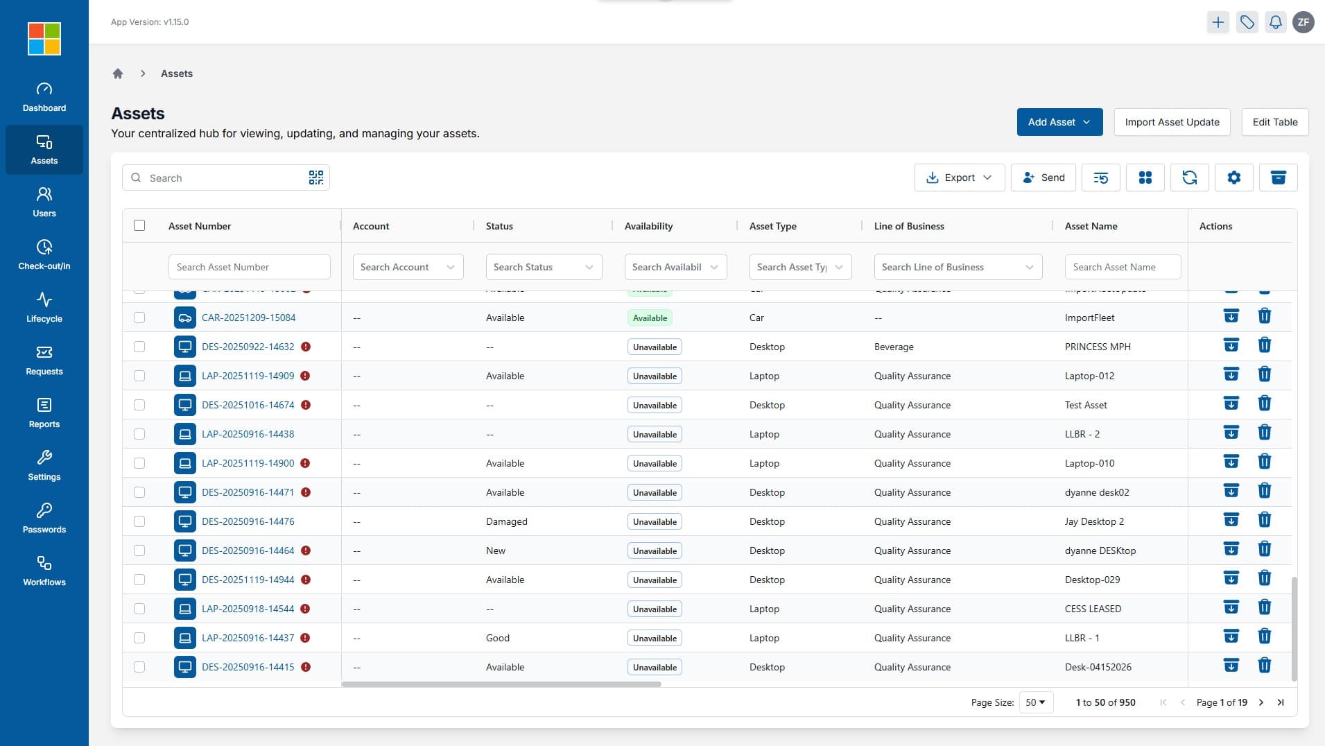 CALM Asset Registry — device list view with status tags and filters