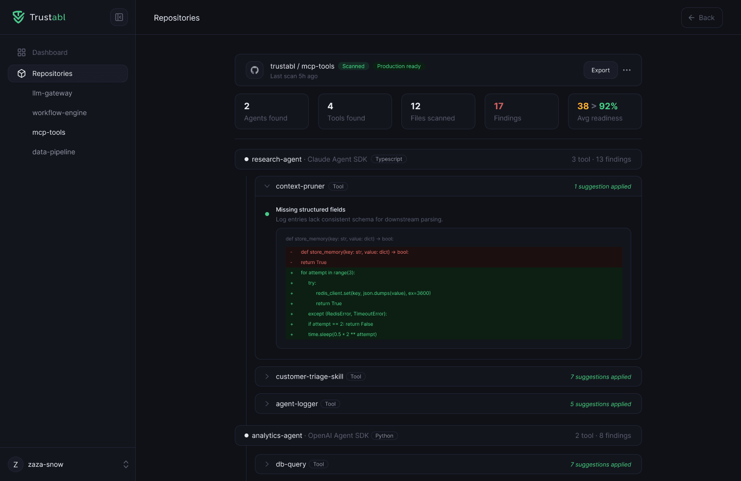 Trustabl Repository Details — findings, fixes, and approve/reject controls
