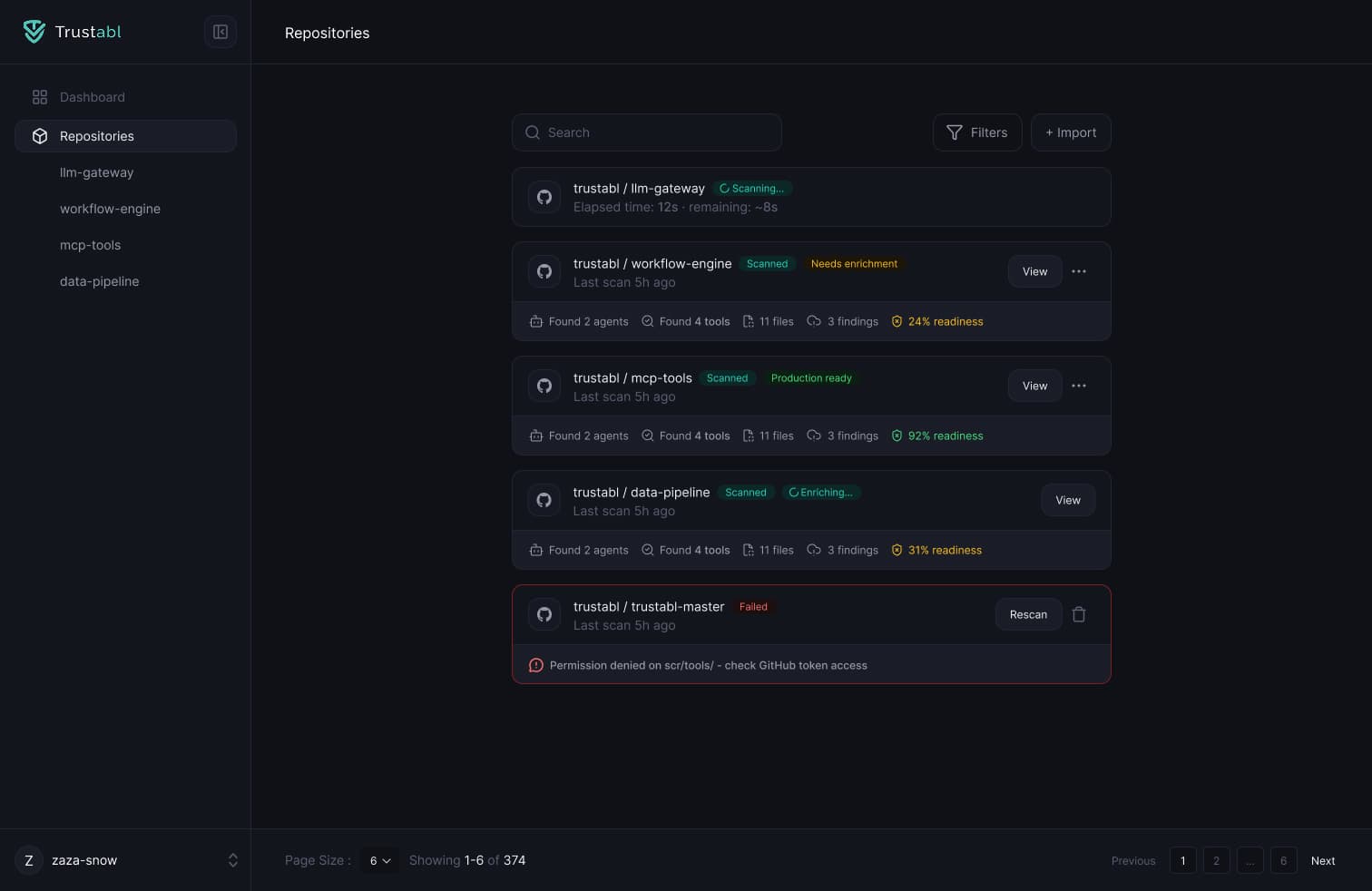 Trustabl Repository Page — readiness scores at a glance